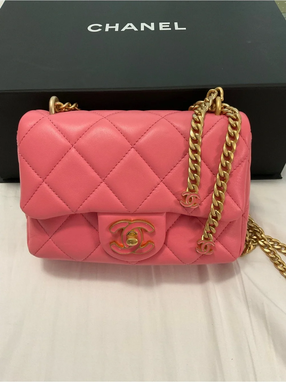 22P Pink Enamel Lambskin Quilted Pending CC Small Square Flap Aged Gold Hardware